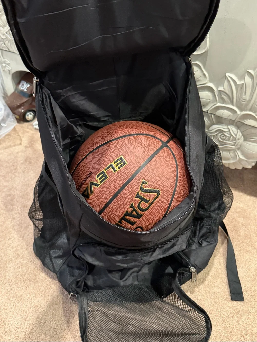 Sports ball basketball backpack mesh pockets black athletic gym soccer football